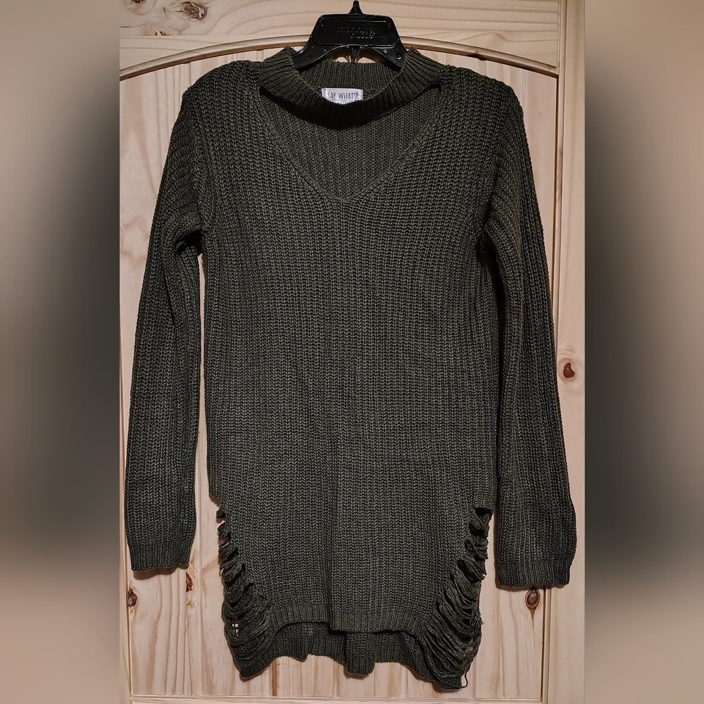 Vintage Say What? Women's Olive Green V-Neck Knit Sweater With Choker Sz M